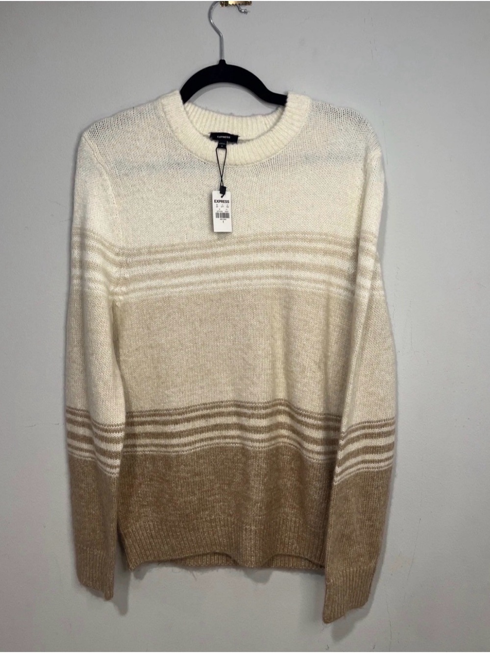 Express Women’s Cream and Tan Striped Crewneck Sweater NWT Size S